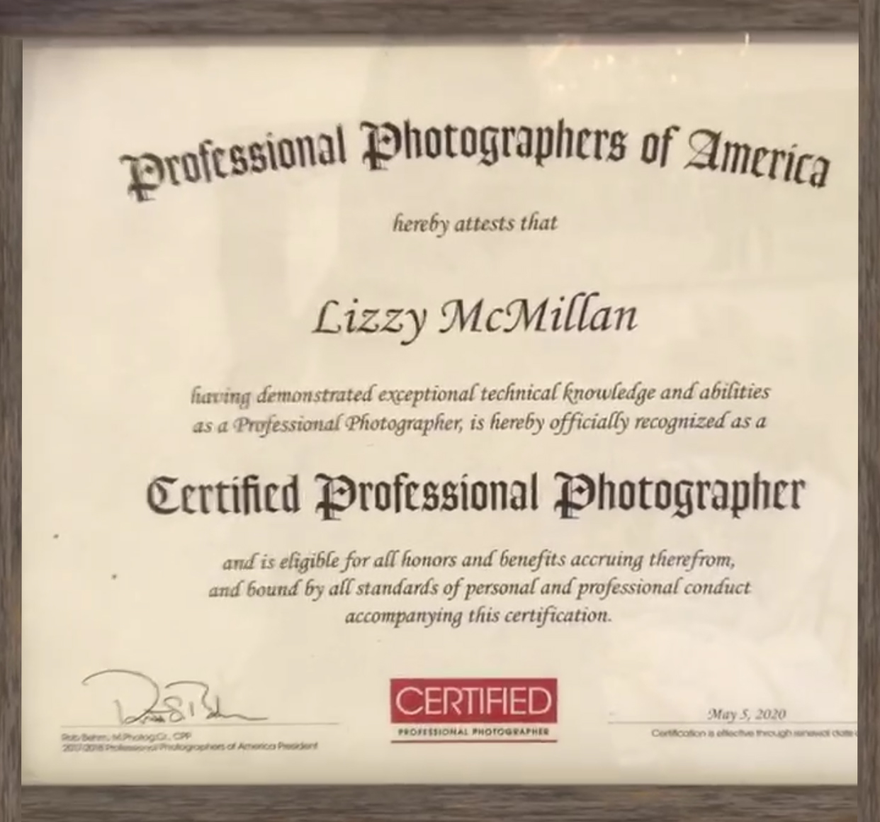 certified professional photographer certificate lizzy mcmillan PPA CPP